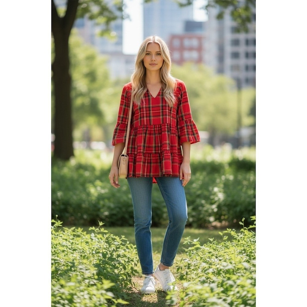 Mud Pie Blouse Ashford Size L Red Plaid Tiered Babydoll Bell Sleeves Christmas